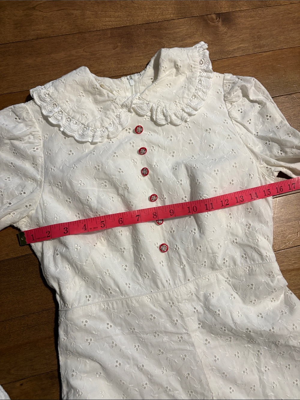 Vintage White Eyelet Maxi Dress with Red Floral Buttons and Ruffle Collar - Picture 6 of 13